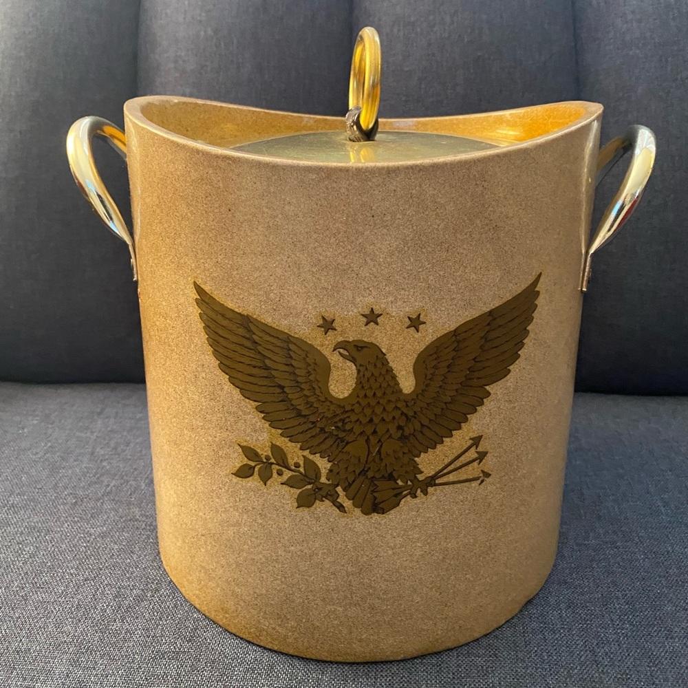 MCM Kraftware brass and faux leather bar ice bucket with American eagle (c-14)
